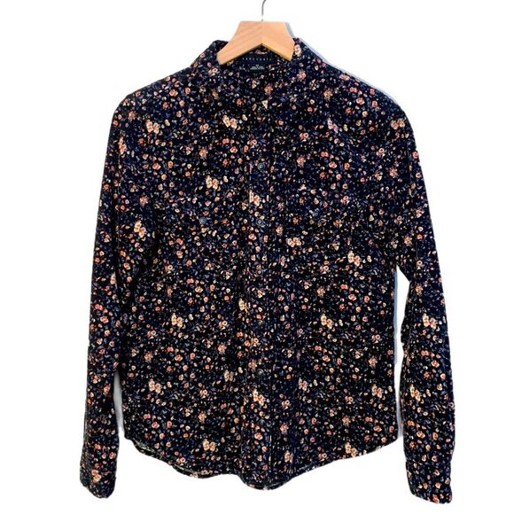 SANCTUARY Pearl Snap Shirt Women’s XS Black Corduroy Pink Ditsy Floral Pockets. - Picture 1 of 12